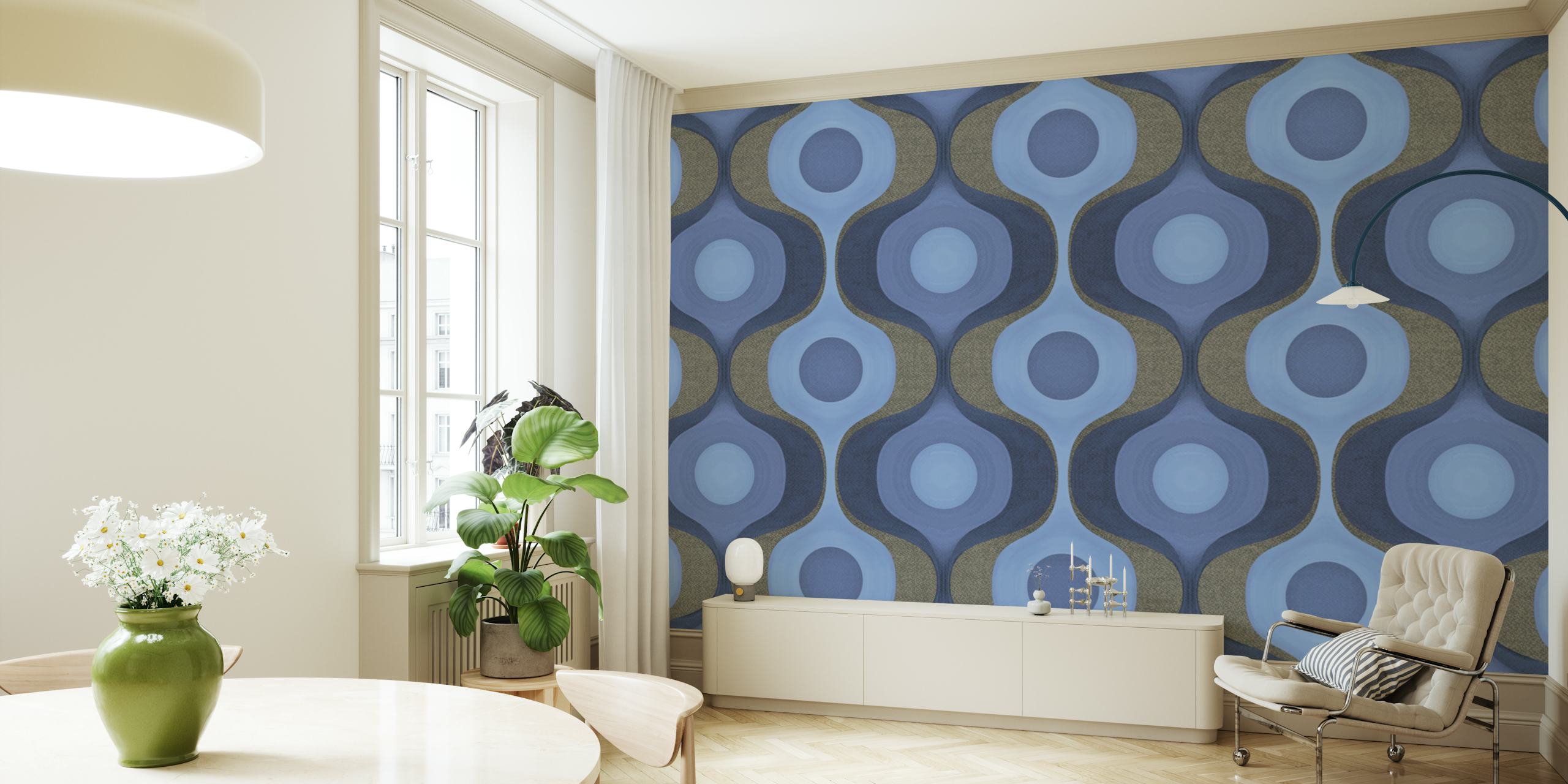 Earthy Blue 70s Groovy Geometry wallpaper in a room